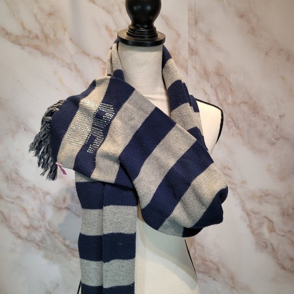 Victoria's Secret Blue/Grey Striped Scarf w/ Crystal Dog 86 - Picture 1 of 9